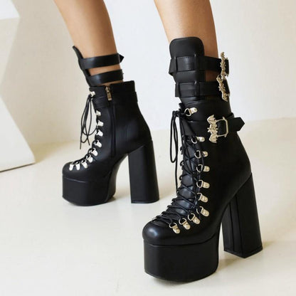 Women's Motorcycle Short Boots Lace-up Thick High-heeled