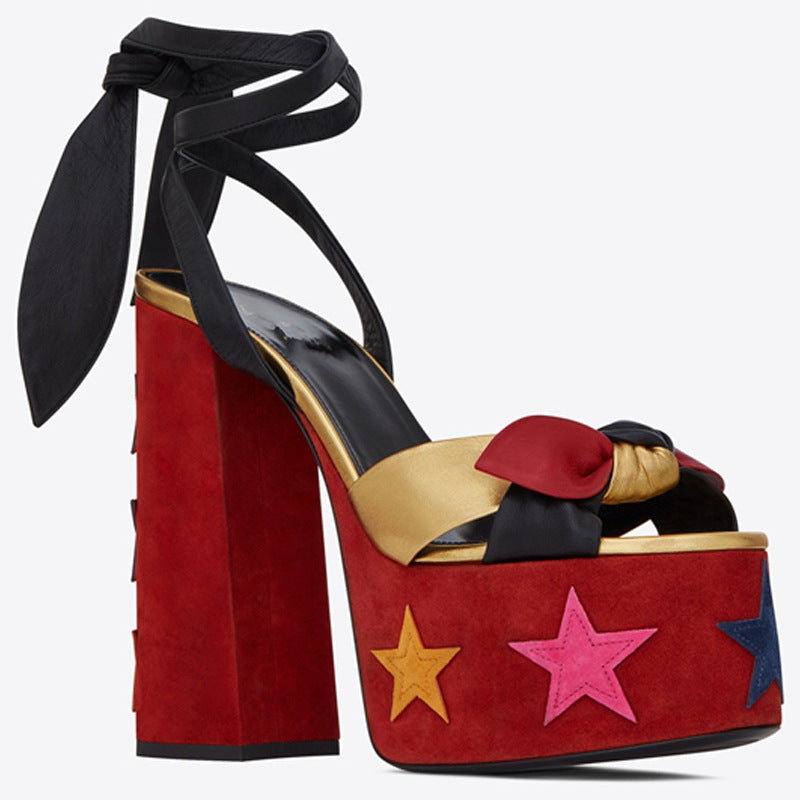 Colorblock Plus Size Catwalk Sandals Bow Love Chunky Heels