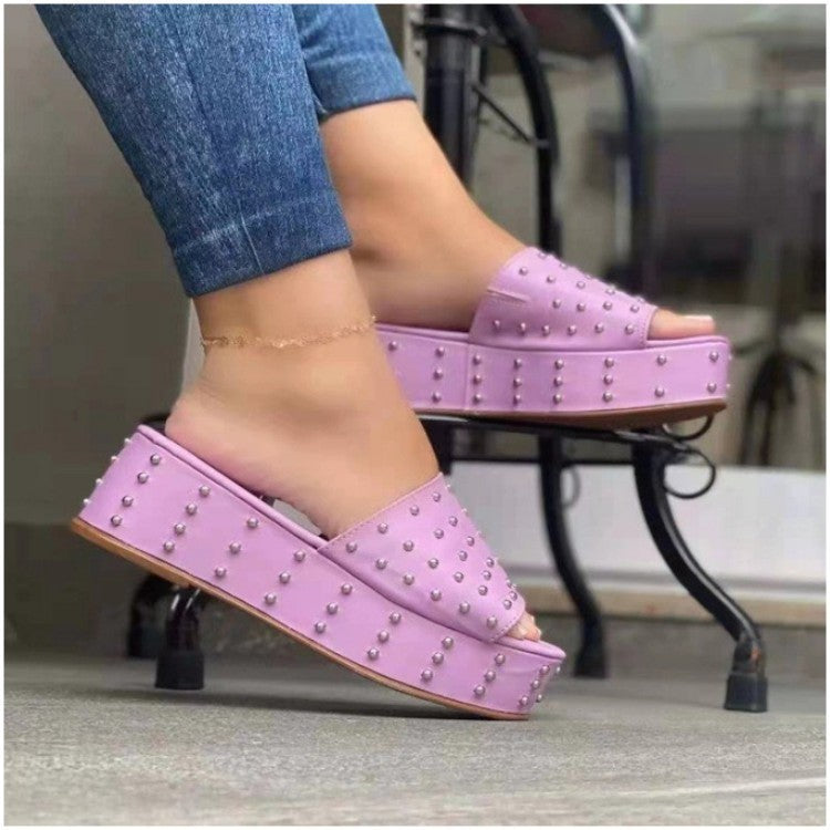 Women Rivet Slippers Summer High Heel Plats Shoes Peep-toe Beach Shoes - FLIPSTYLEZLLC