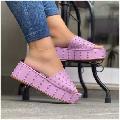 Women Rivet Slippers Summer High Heel Plats Shoes Peep-toe Beach Shoes - FLIPSTYLEZLLC