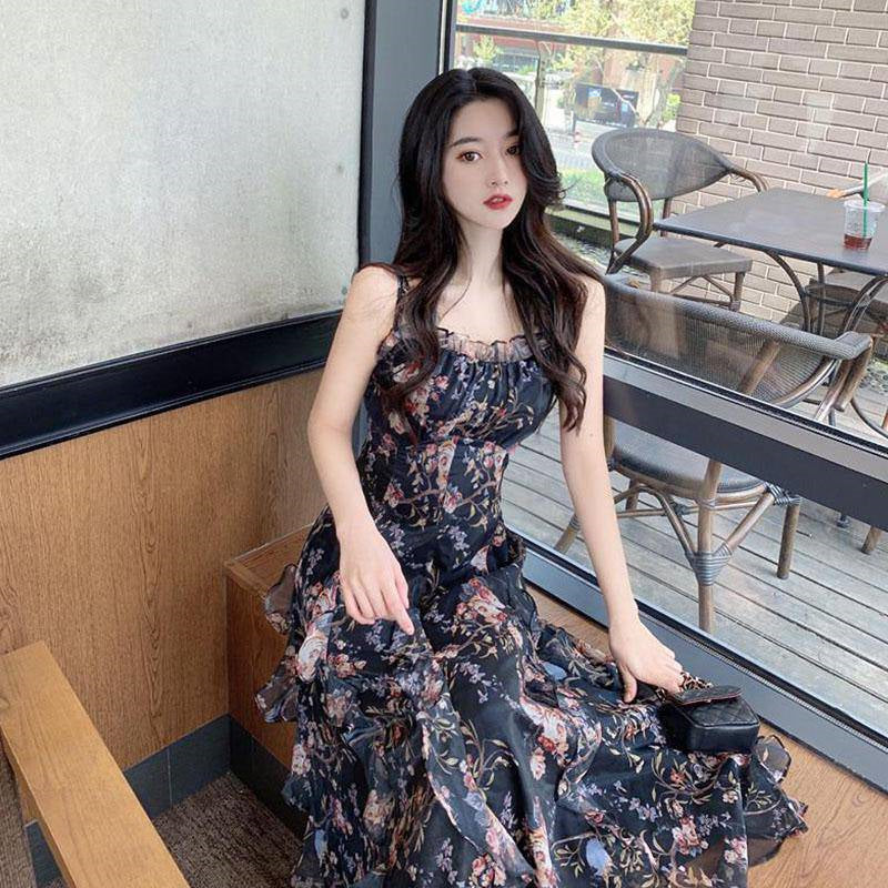 Printed A-line Skirt Summer New Product Temperament Was Thin Suspender Skirt