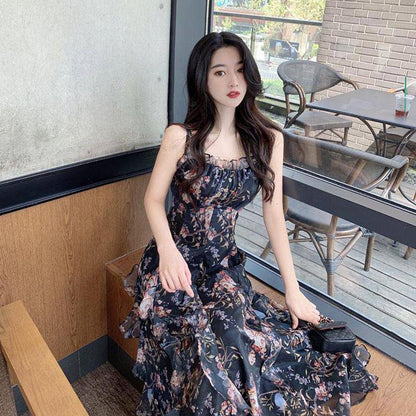 Printed A-line Skirt Summer New Product Temperament Was Thin Suspender Skirt