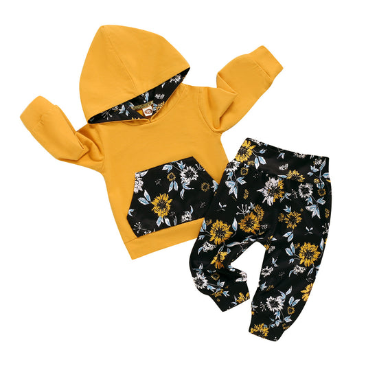 Girls' Solid Color Long Sleeve Hooded Top And Floral Trousers Two Piece Set