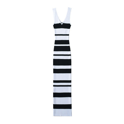 European And American Hot Girl Double V-neck Color Sleeveless Knitted Dress Intellectual Elegant Skinny Sheath