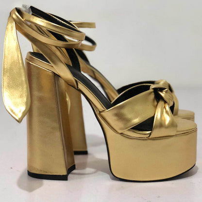 Colorblock Plus Size Catwalk Sandals Bow Love Chunky Heels