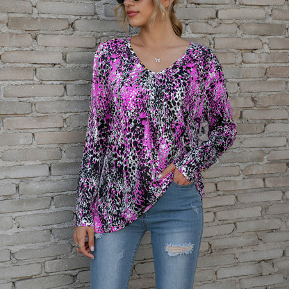 Ladies V-Neck Pleated Print Long-Sleeved Plus Size T-Shirt Top