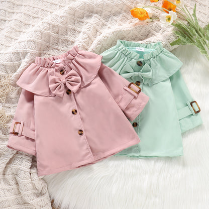 Girls' Lotus Leaf Collar Long Sleeve Trench Coat