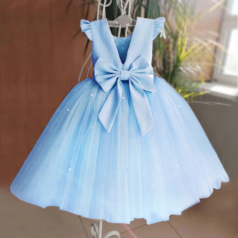 Girl's Gown Mesh Backless Bow Umbrella Princess Dress