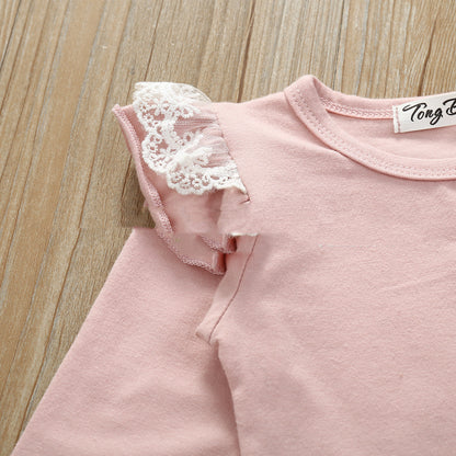 Infant And Toddler Cotton Lace Long-sleeved Harness Lace Long Pants Set