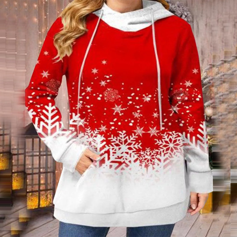 Women Printed Plus Size Stitching Hooded Long Sleeves