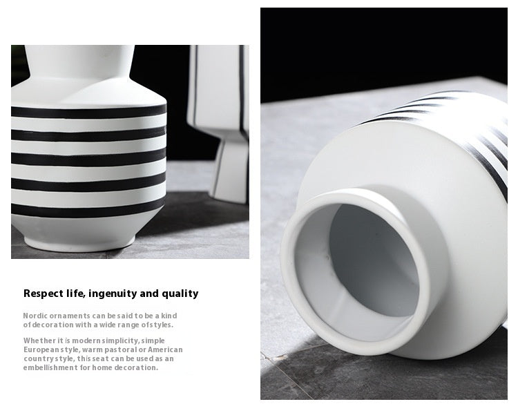 Black And White Striped Ceramic Vase Light Luxury Modern Home