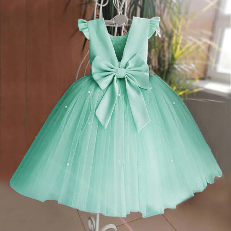 Girl's Gown Mesh Backless Bow Umbrella Princess Dress