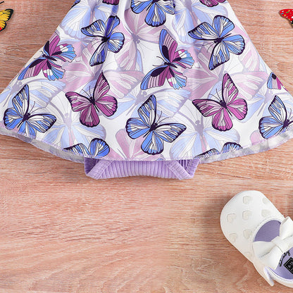 Little Girl Butterfly Print Dress Romper Skirt Scarf Two-piece Set