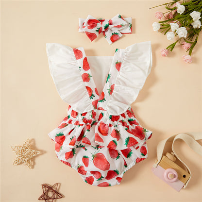 Spring And Summer New Watermelon Strawberry Printing Flounced Sleeve Sling Romper Headband Set