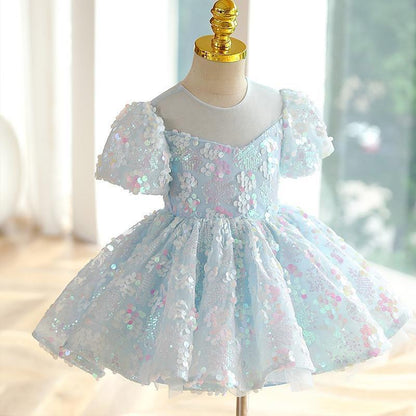 Girls Blue Sequins New Puff Sleeve Umbrella Princess Dress