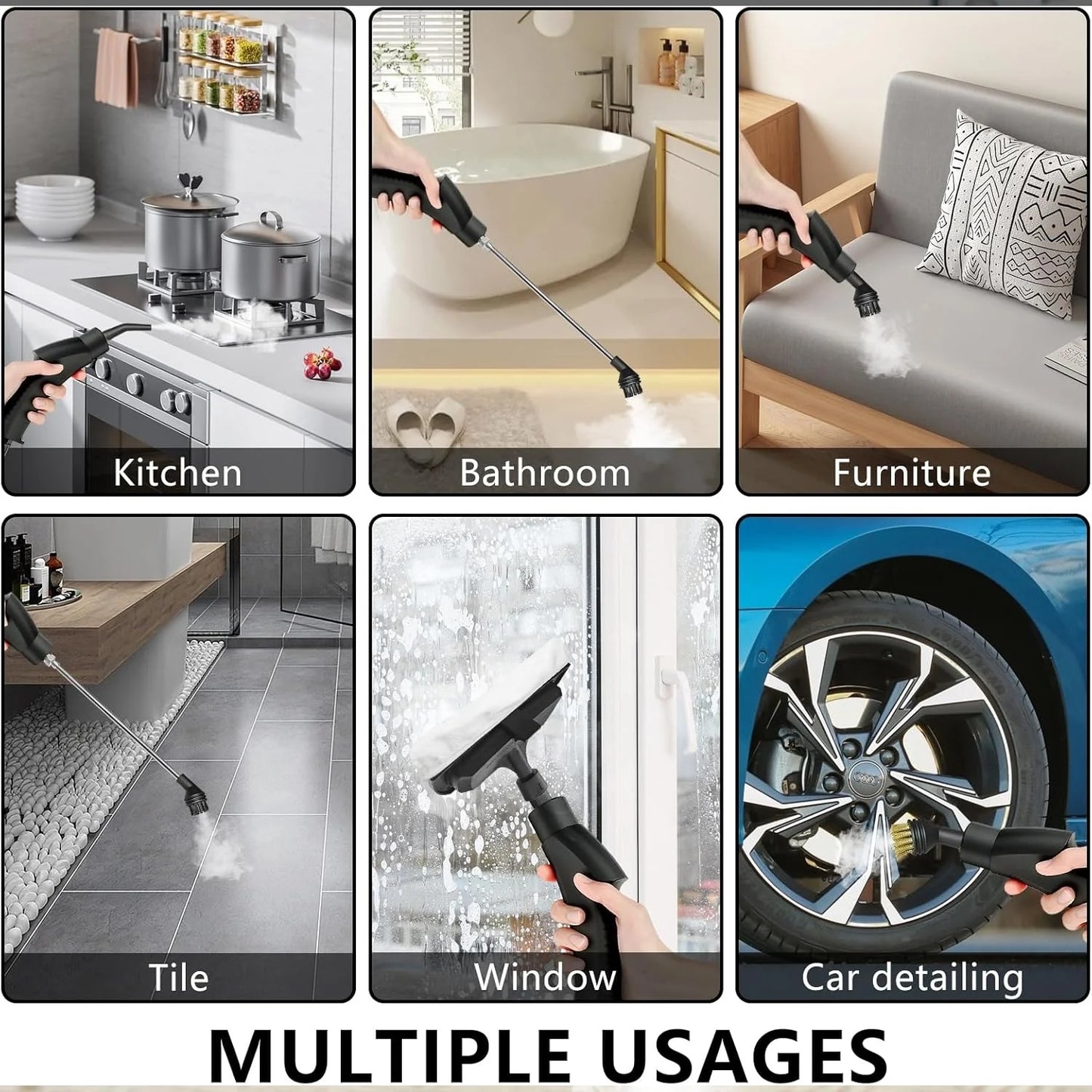 2500W Handheld Steam Cleaner With 12 Attachments, 1.2L Tank For Home, Car, Kitchen, Bathroom & Tile Grout, Gray