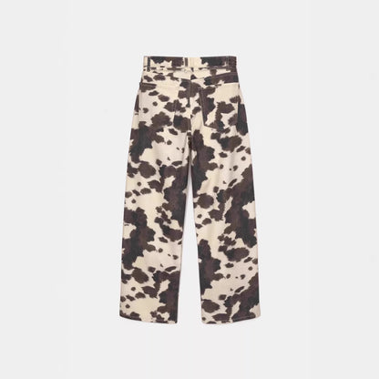 Womens Retro Washed Denim Jeans With Cow Print