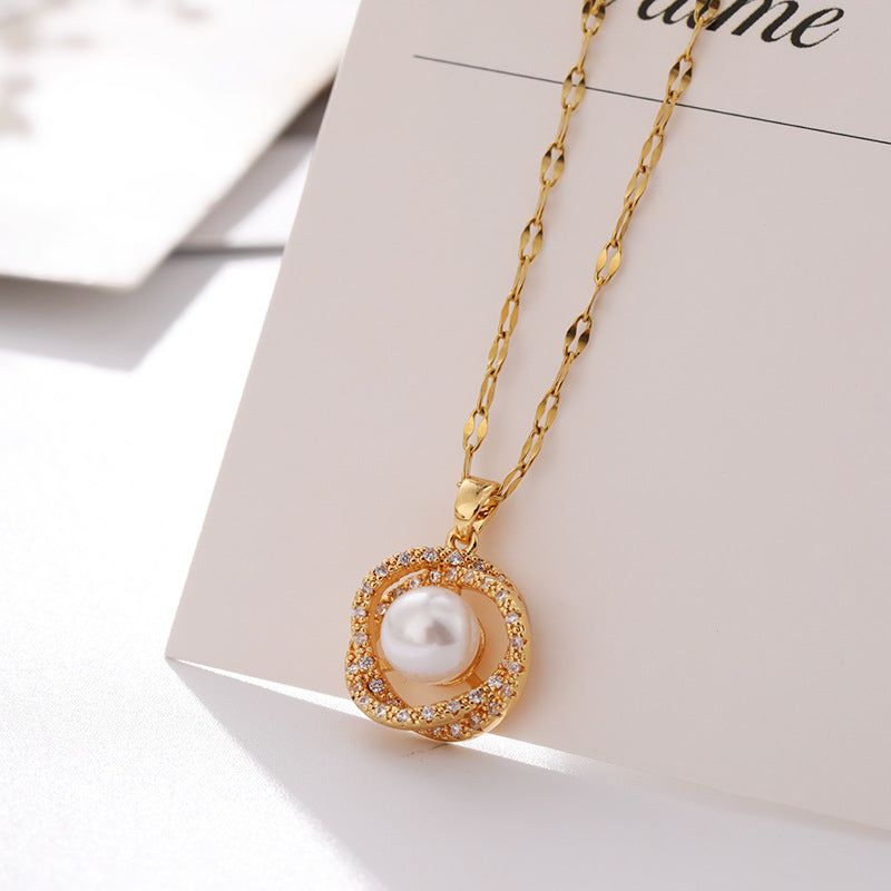 Titanium Steel Necklace Women''s Hollow Bird''s Nest Imitation Pearl Pendant