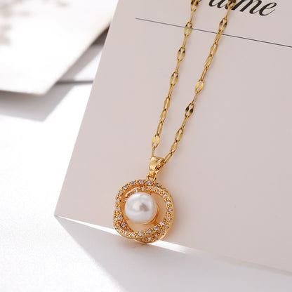 Titanium Steel Necklace Women''s Hollow Bird''s Nest Imitation Pearl Pendant