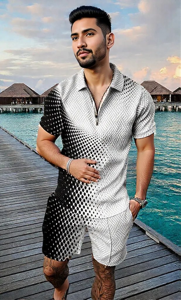 Men's Summer Fashion 3D Printed Short Sleeve Geometric Zip Lapel Shirt Set