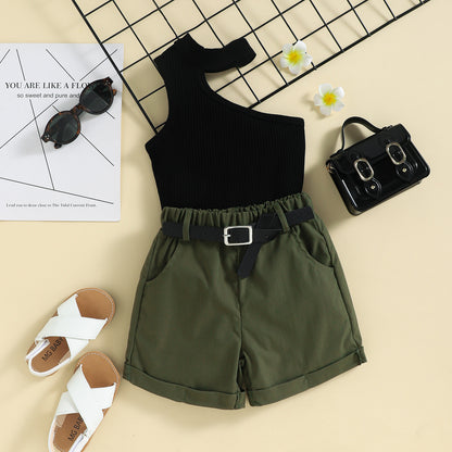 Summer Girl Ins Shoulder Halter Sunken Stripe Top Shorts Suit