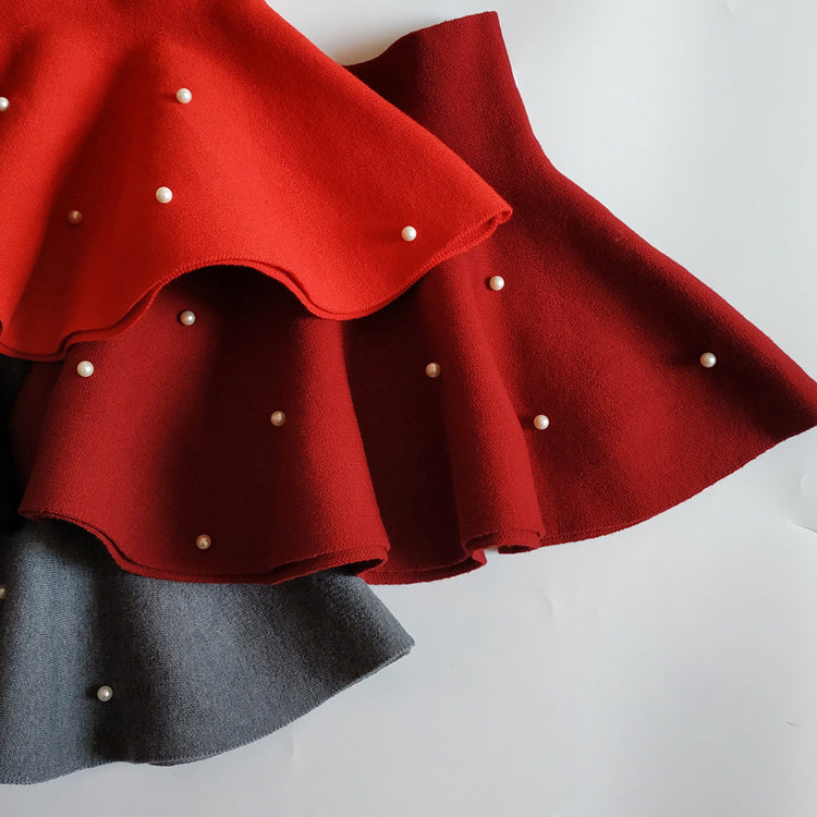 Girls High Waist Knitted Pearl Umbrella Skirt