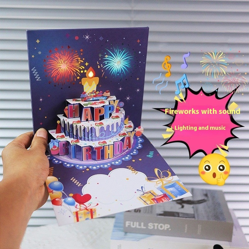 Ins Style Birthday Cake Music Light 3D Stereoscopic Greeting Cards High-end Creative Fireworks Display Effect Audio Card Cross-border