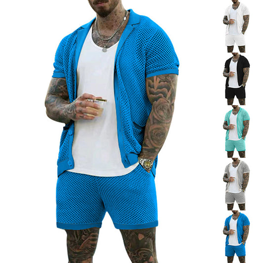Men's Summer Cool Hole Cloth Lapel Short Sleeve Shorts Suit
