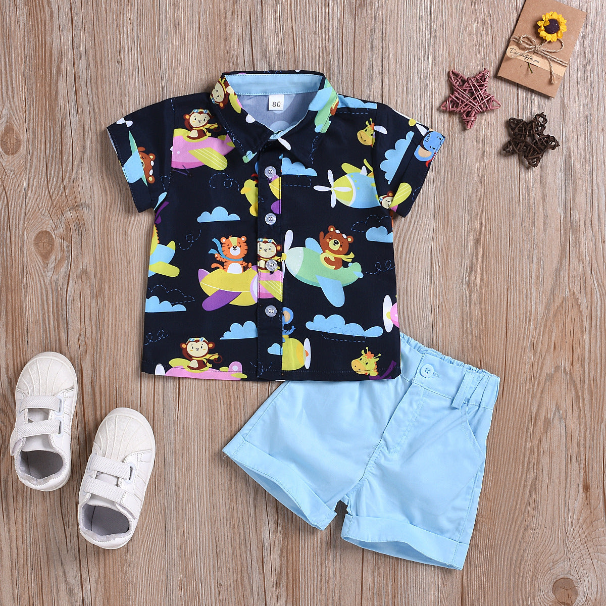 Summer boys and girls suit cartoon printed shirt solid color shorts suit