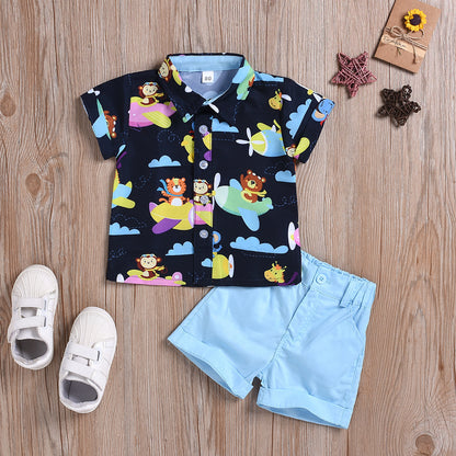 Summer boys and girls suit cartoon printed shirt solid color shorts suit