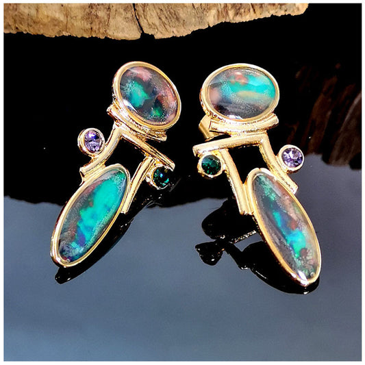 Vintage Gold Color Moonstone Opal Earrings Ladies Luxury Purple Green Crystal Personality