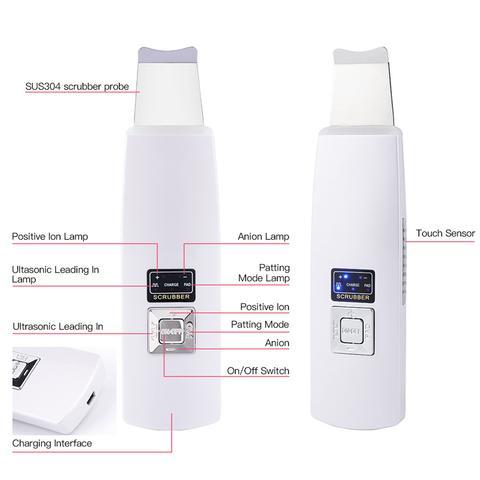 Ultrasonic Skin Scrubber: Face Cleanser for Blackhead and Acne Removal Experience a facial spa treatment  vibrating massager, featuring ultrasound peeling technology for effective cleansing. Model 394.