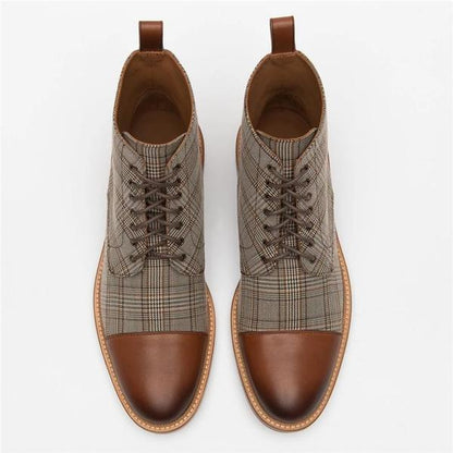 Lace-up Low-Top Men's Boots With Checkered Fabric