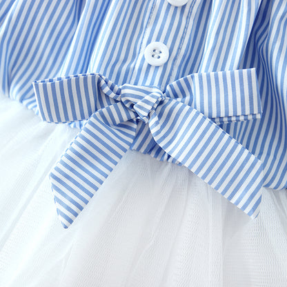 Striped Bow Net Yarn Suspender Skirt Baby Princess Dress Fluffy Yarn