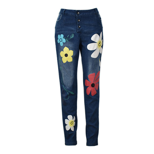 Printed denim trousers