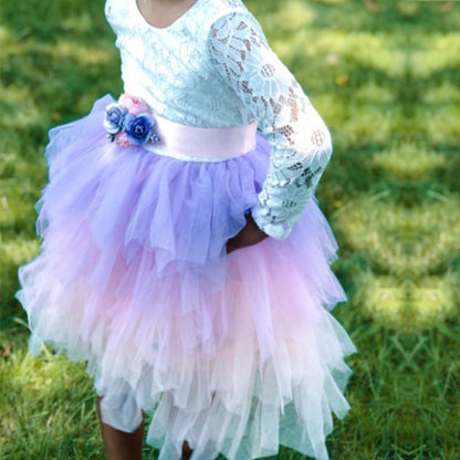 Girls Lace Backless Tutu Dress with Long Sleeves