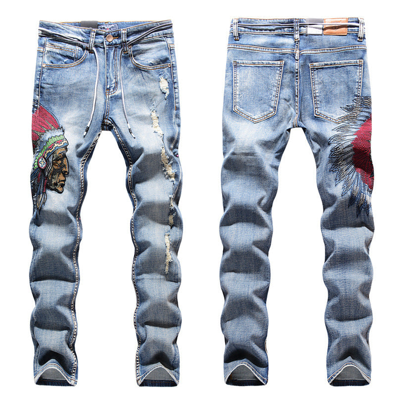 Trendy Urban streetwear Embroidered Frayed Men's Blue Jeans