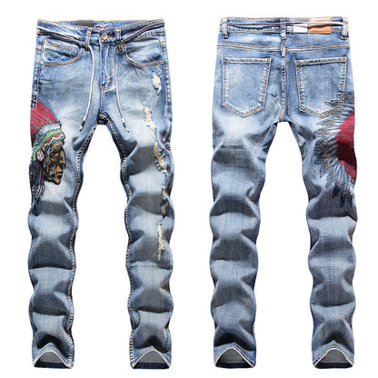 Trendy Urban streetwear Embroidered Frayed Men's Blue Jeans