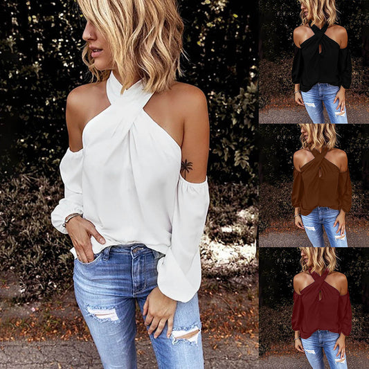 Back zipper halter solid color stitching top
