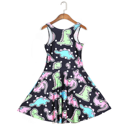 Black Cartoon Color Dinosaur Pleated Umbrella Skirt