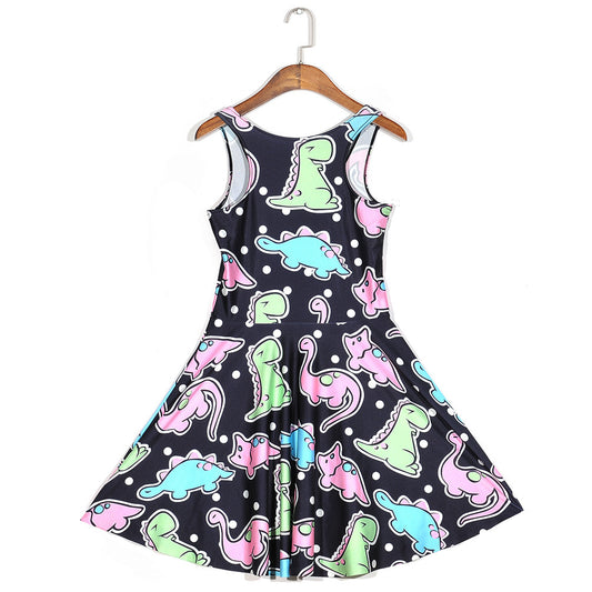Black Cartoon Color Dinosaur Pleated Umbrella Skirt