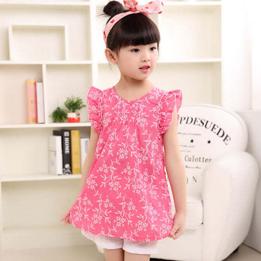 Cute Fly Shoulder Sleeve Top For Girls Thin Cotton And Linen