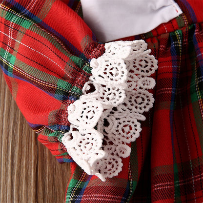 Round Neck Lace Long Sleeve Western Style Plaid Dress