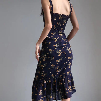 French Girl Retro Pastoral Small Floral Suspenders Slim Dress