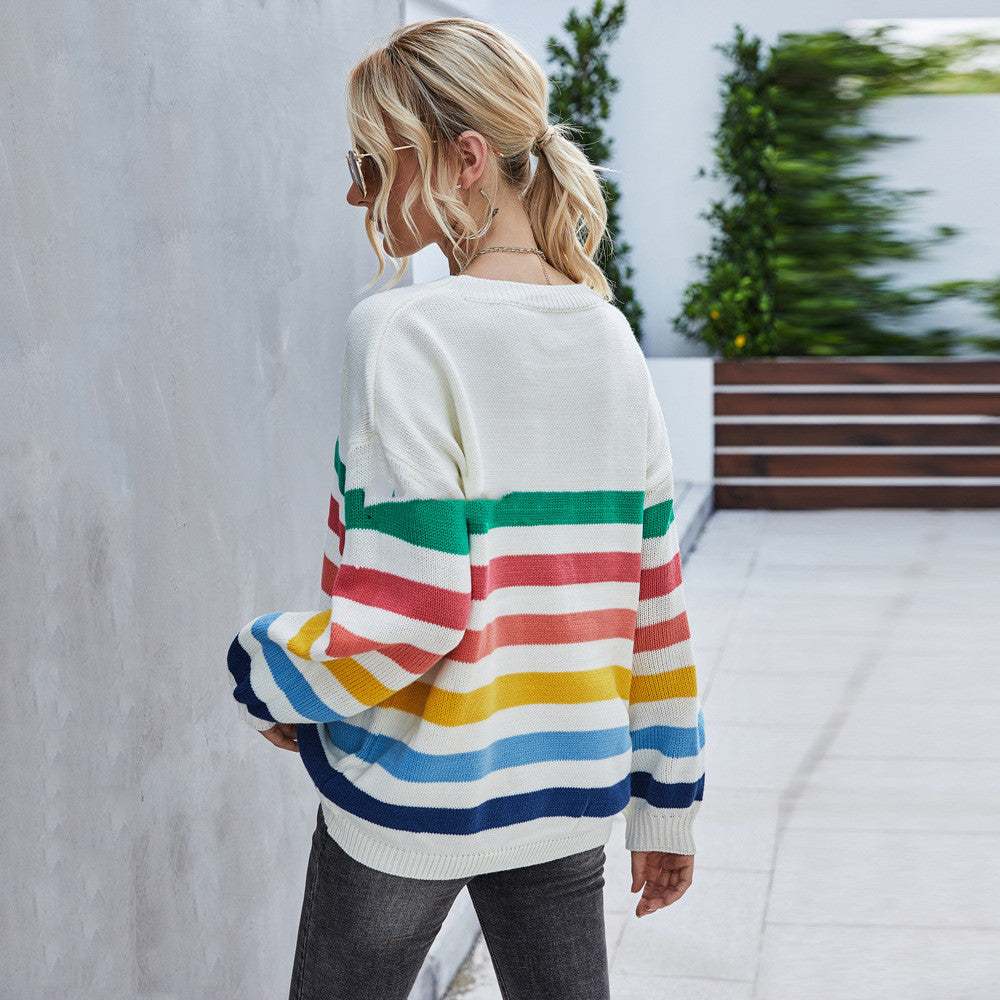 Women's plus size striped stitching knitted sweater