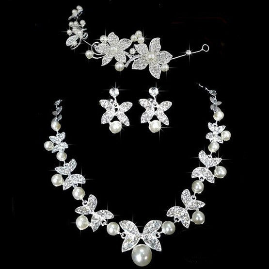 Butterfly Bridal Jewelry Set Chain Pearl Jewelry Three Piece Bridal Soft Chain Headdress Bridal Jewelry Set - FLIPSTYLEZLLC