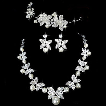 Butterfly Bridal Jewelry Set Chain Pearl Jewelry Three Piece Bridal Soft Chain Headdress Bridal Jewelry Set - FLIPSTYLEZLLC