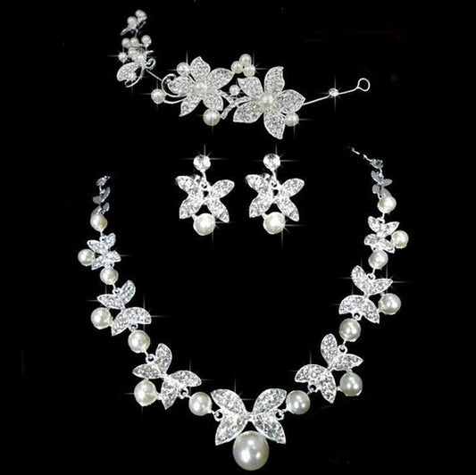 Butterfly Bridal Jewelry Set Chain Pearl Jewelry Three Piece Bridal Soft Chain Headdress Bridal Jewelry Set - FLIPSTYLEZLLC