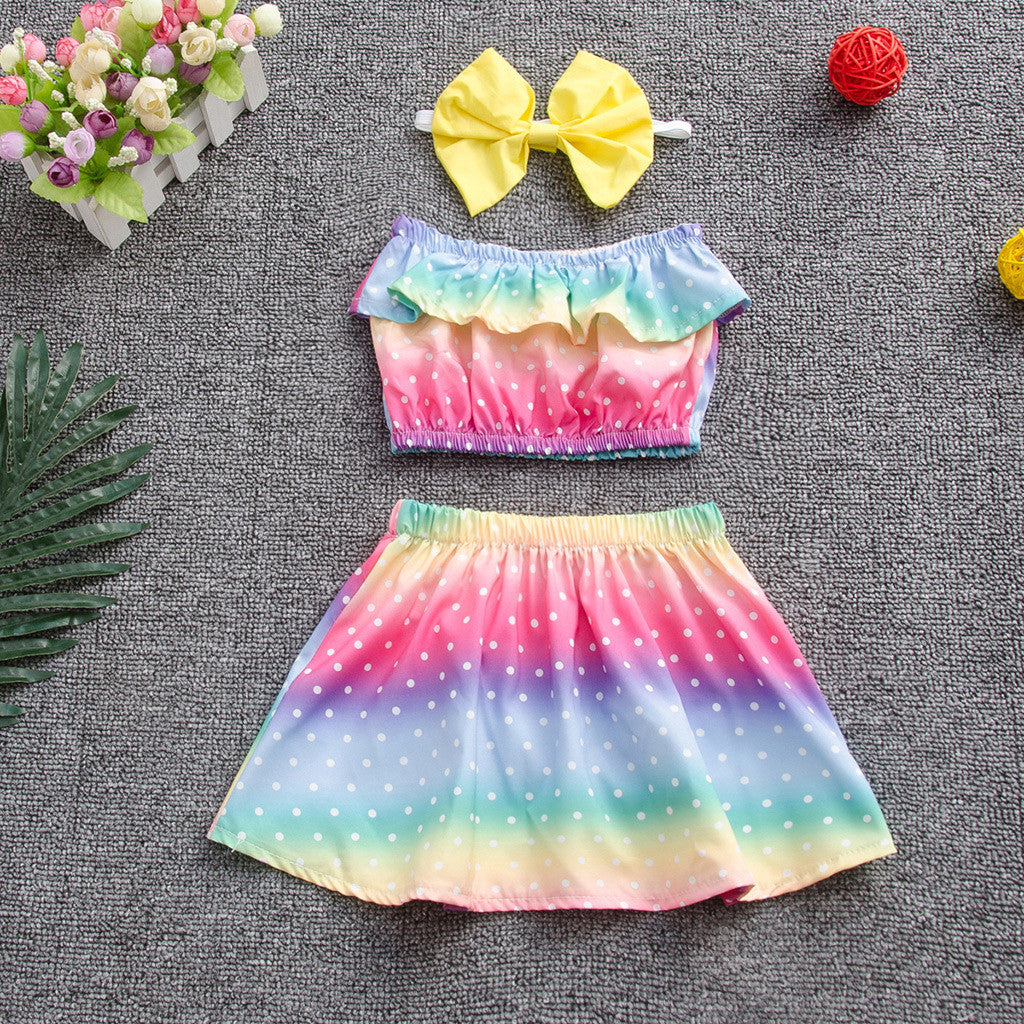 Summer fashion girl sleeveless rainbow three-piece suit
