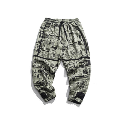 Tide brand hip hop newspaper pants men and women pants ins the same paragraph street loose beam pants national tide